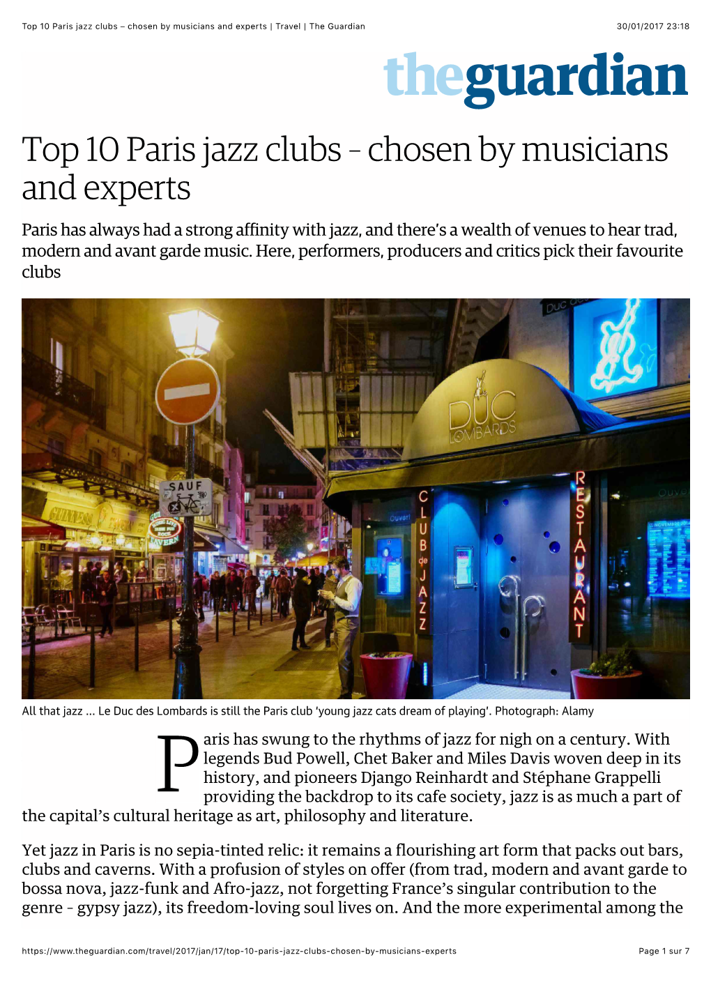 Top 10 Paris Jazz Clubs – Chosen by Musicians and Experts | Travel | the Guardian 30/01/2017 23�18