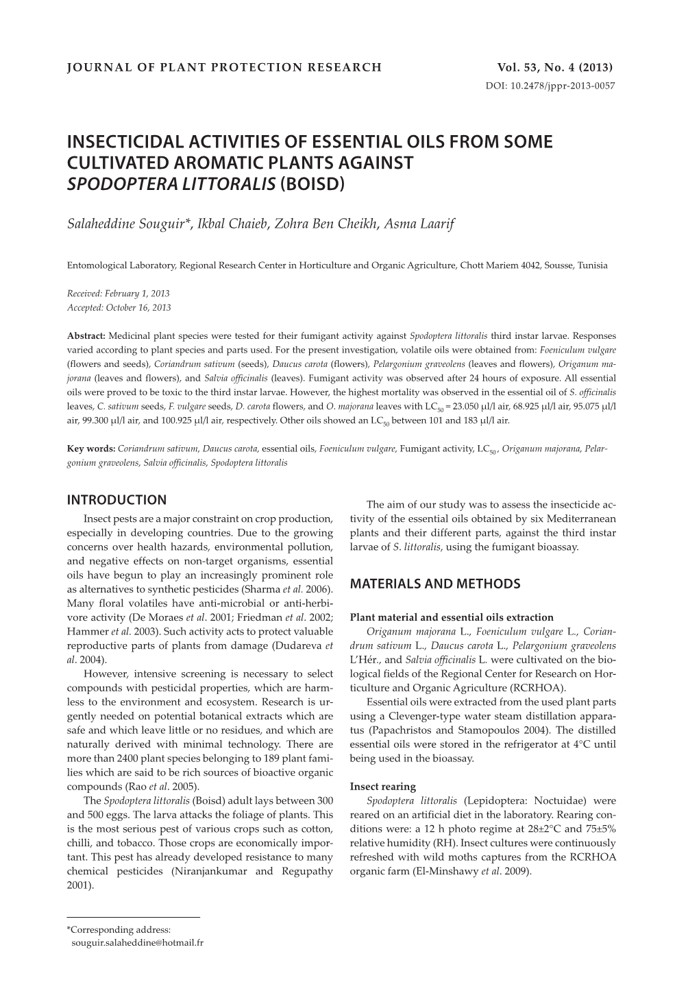 Insecticidal Activities of Essential Oils from Some Cultivated Aromatic Plants Against Spodoptera Littoralis (Boisd)