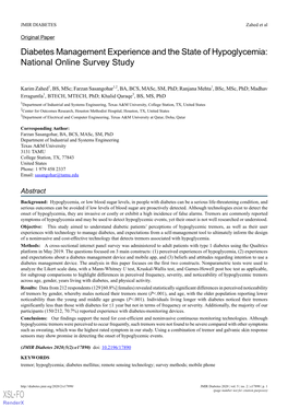 Diabetes Management Experience and the State of Hypoglycemia: National Online Survey Study