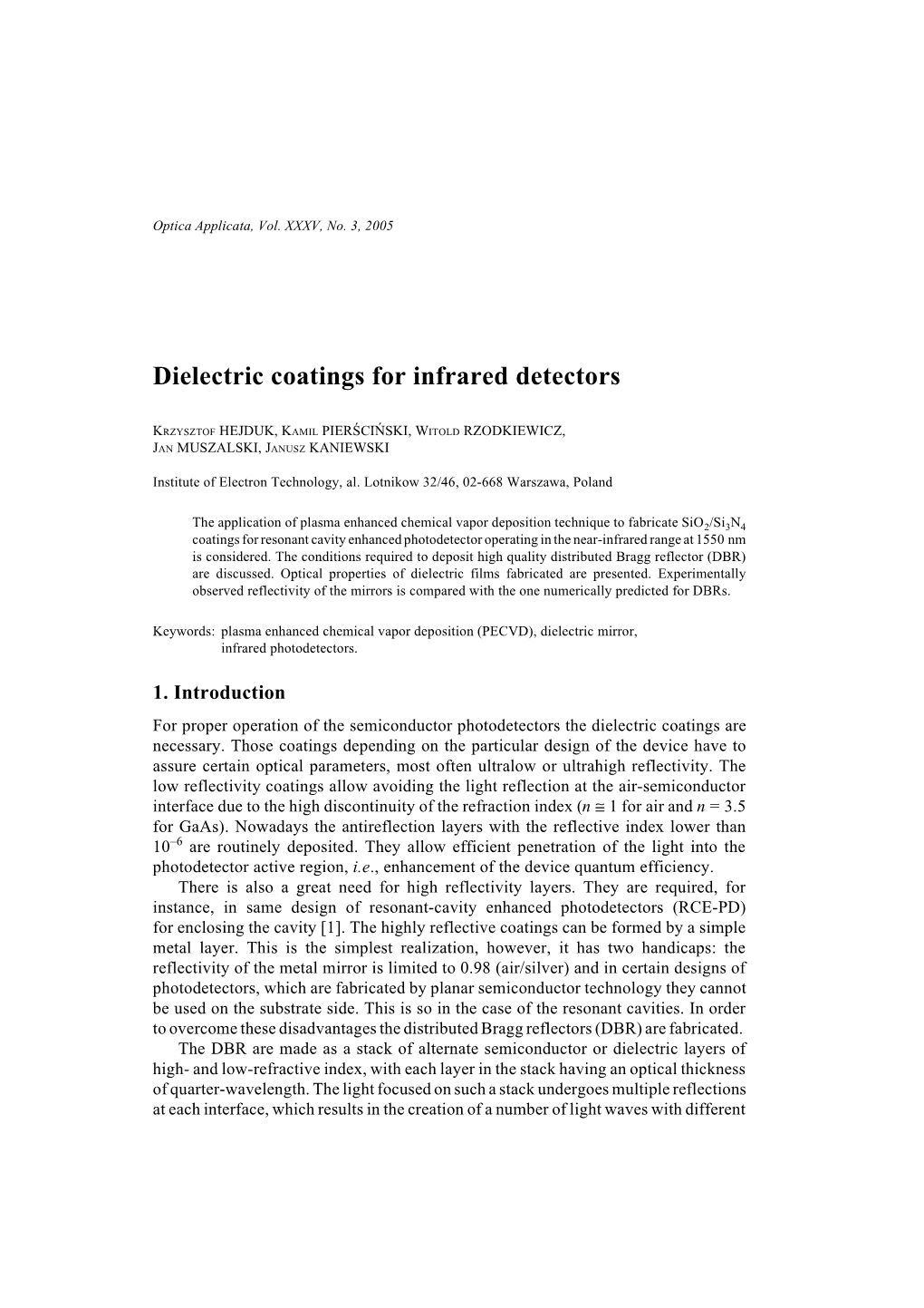 Dielectric Coatings for Infrared Detectors
