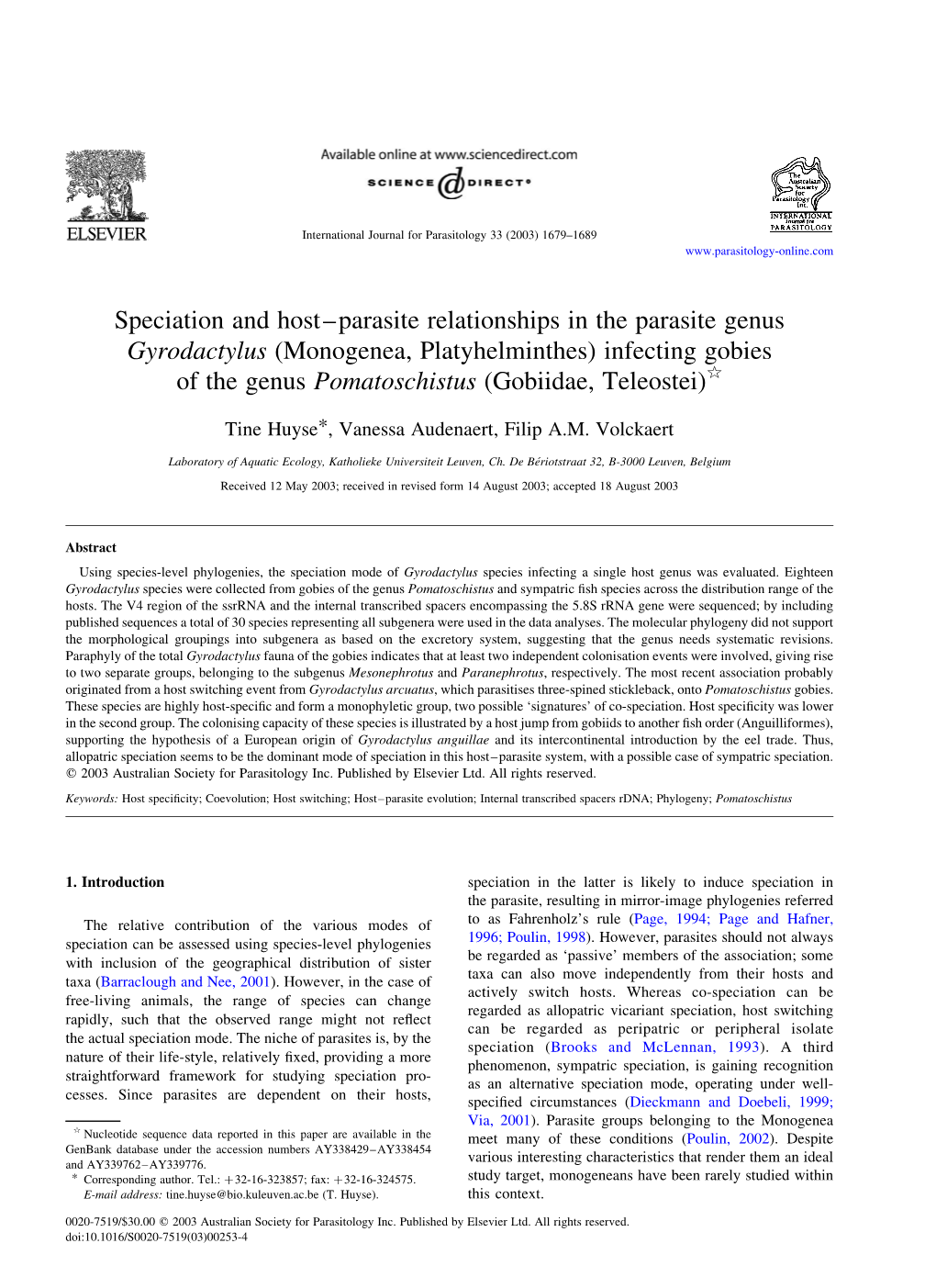 Speciation and Host–Parasite Relationships in the Parasite Genus