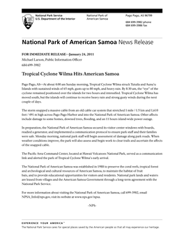 National Park of American Samoa News Release