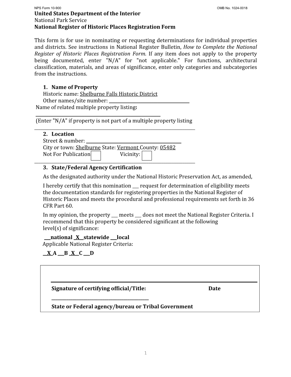 United States Department of the Interior National Park Service National Register of Historic Places Registration Form