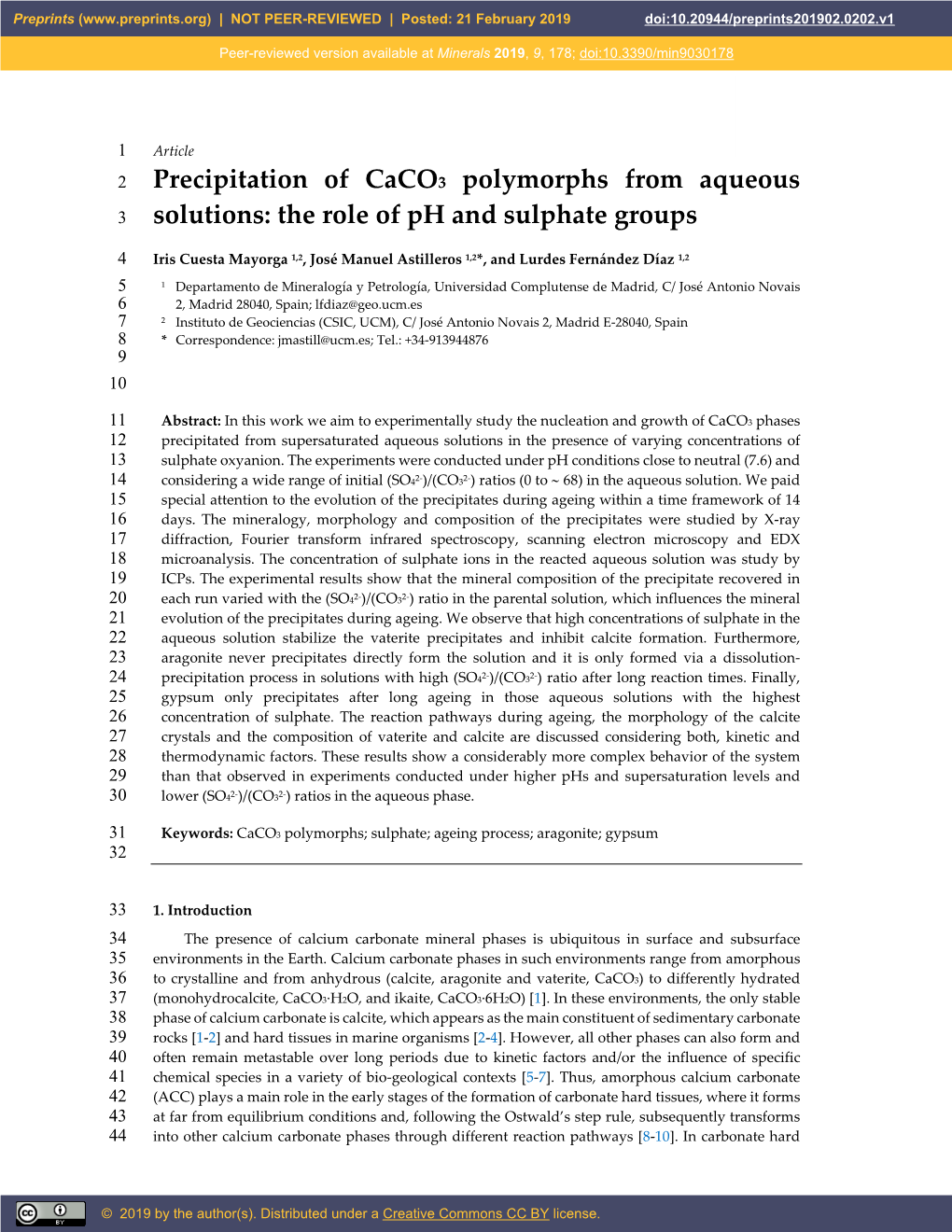 Precipitation of Caco 3 Polymorphs from Aqueous Solutions