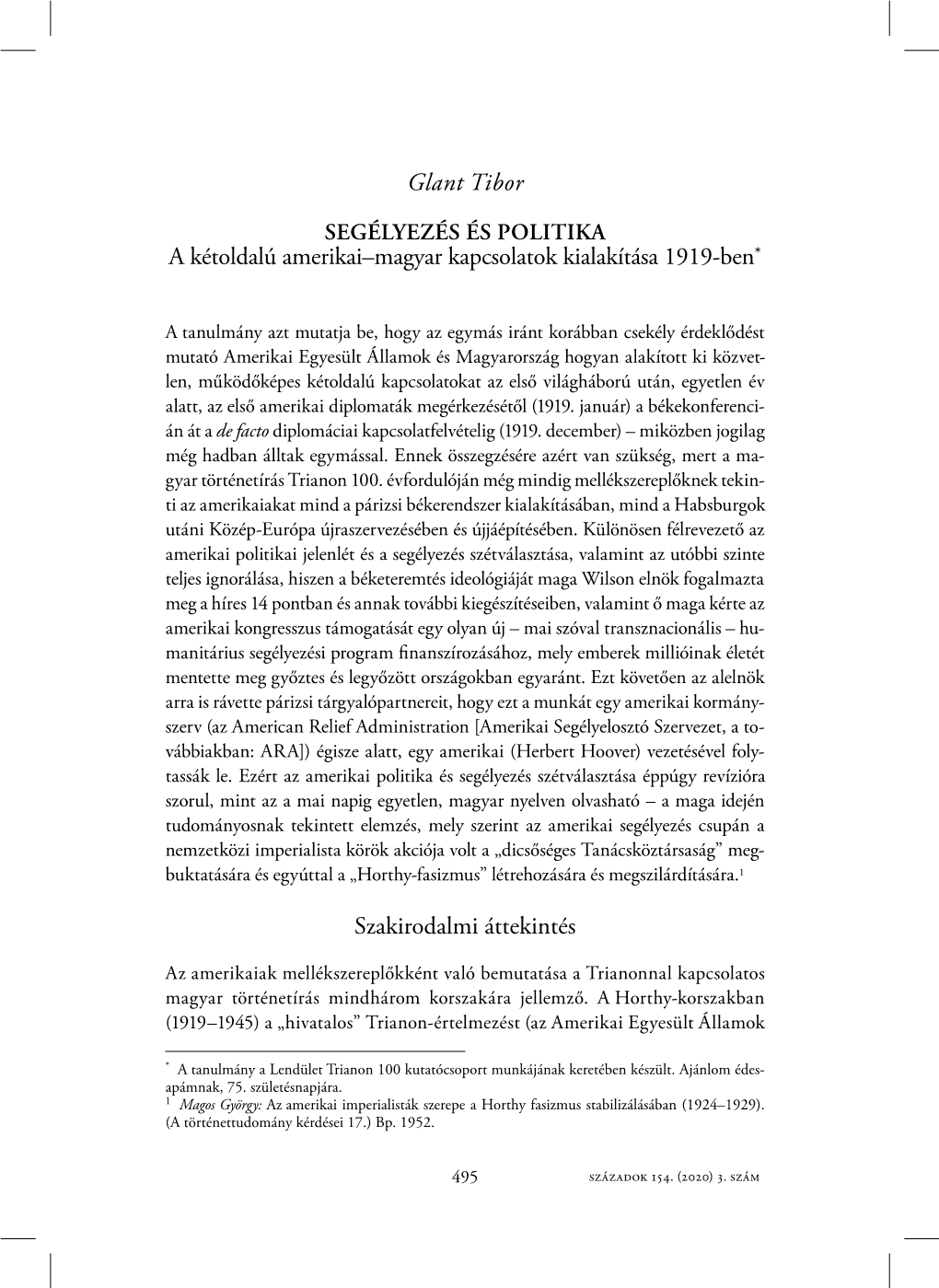 Glant Tibor a Kétoldalú Amerikai–Magyar Kapcsolatok Kialakítása 1919-Ben* Szakirodalmi Áttekintés