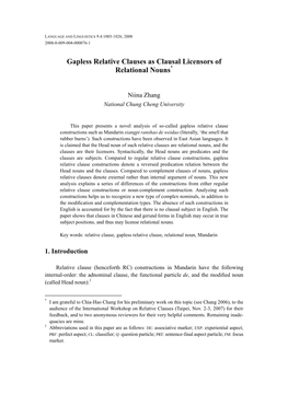 Gapless Relative Clauses As Clausal Licensors of Relational Nouns*