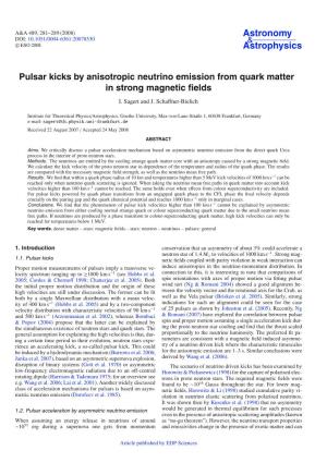 Pulsar Kicks by Anisotropic Neutrino Emission from Quark Matter in Strong Magnetic ﬁelds