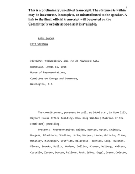 This Is a Preliminary, Unedited Transcript. the Statements Within May Be Inaccurate, Incomplete, Or Misattributed to the Speaker