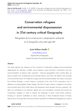 Conservation Refugees and Environmental Dispossession in 21St Century Critical Geography / Refugiados De La Conservación Y Desp