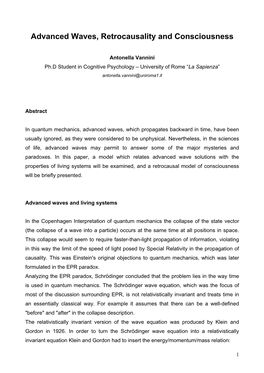 Advanced Waves, Retrocausality and Consciousness