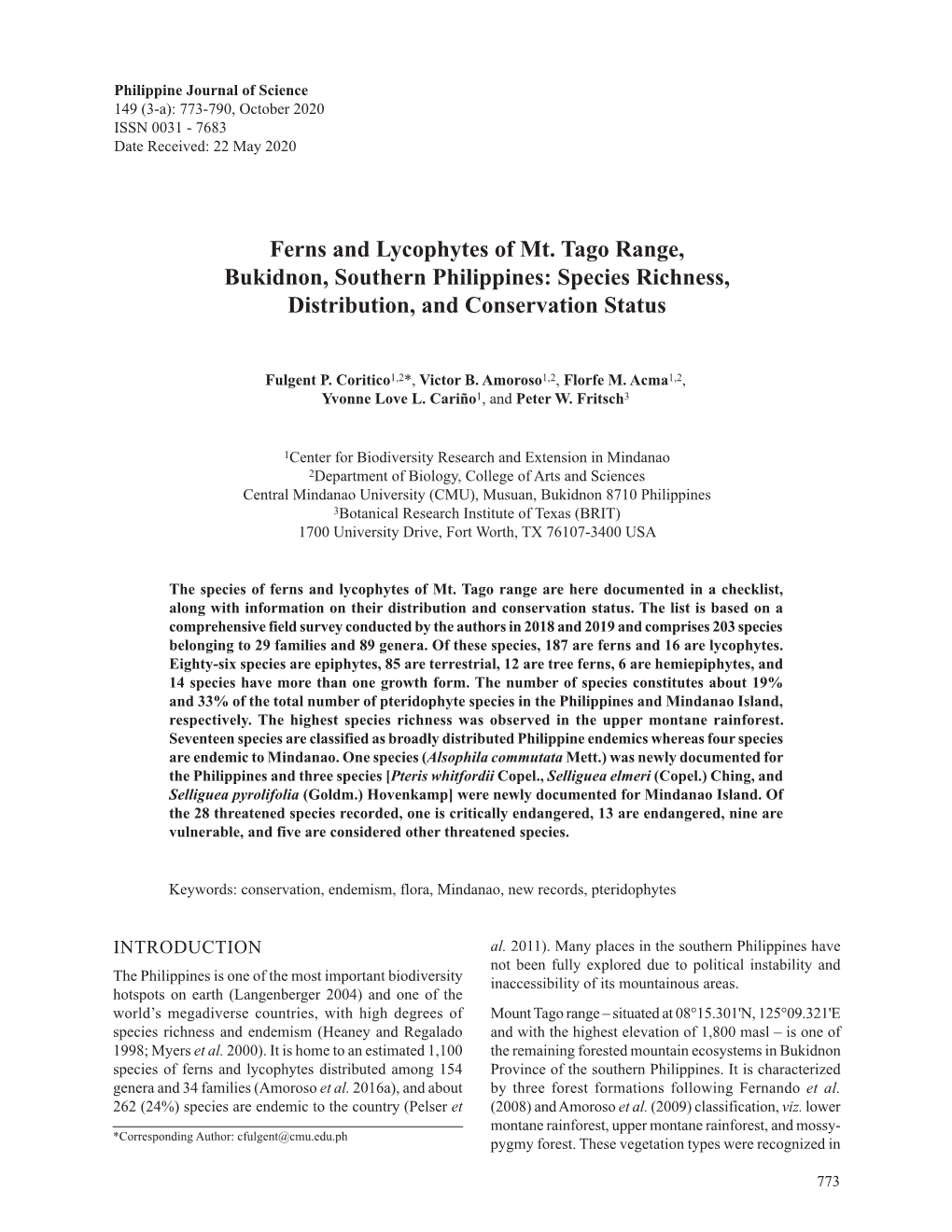 Ferns and Lycophytes of Mt. Tago Range, Bukidnon, Southern Philippines: Species Richness, Distribution, and Conservation Status