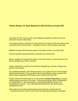 Holmes Rolston, III, Paper Materials in CSU Archives, Through 2019