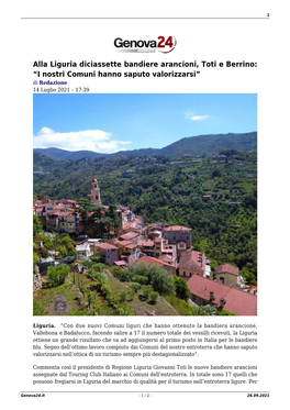 Alla Liguria Diciassette Bandiere Arancioni, Toti E Berrino: “I Nostri Comuni Hanno Saputo Valorizzarsi” Di Redazione 14 Luglio 2021 – 17:39
