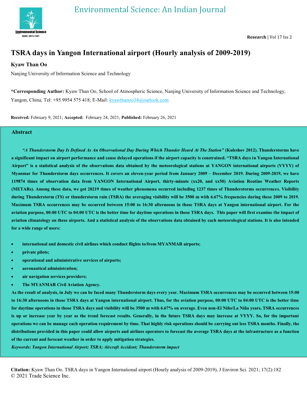 TSRA Days in Yangon International Airport (Hourly Analysis of 2009-2019) Kyaw Than Oo Nanjing University of Information Science and Technology