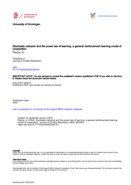 Stochastic Collusion and the Power Law of Learning: a General Reinforcement Learning Model of Cooperation Flache, A