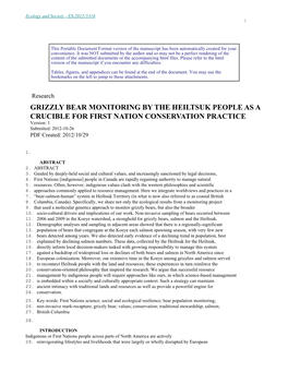 GRIZZLY BEAR MONITORING by the HEILTSUK PEOPLE AS a CRUCIBLE for FIRST NATION CONSERVATION PRACTICE Version: 1 Submitted: 2012-10-26 PDF Created: 2012/10/29