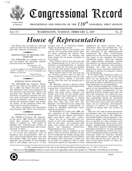 Congressional Record United States Th of America PROCEEDINGS and DEBATES of the 110 CONGRESS, FIRST SESSION