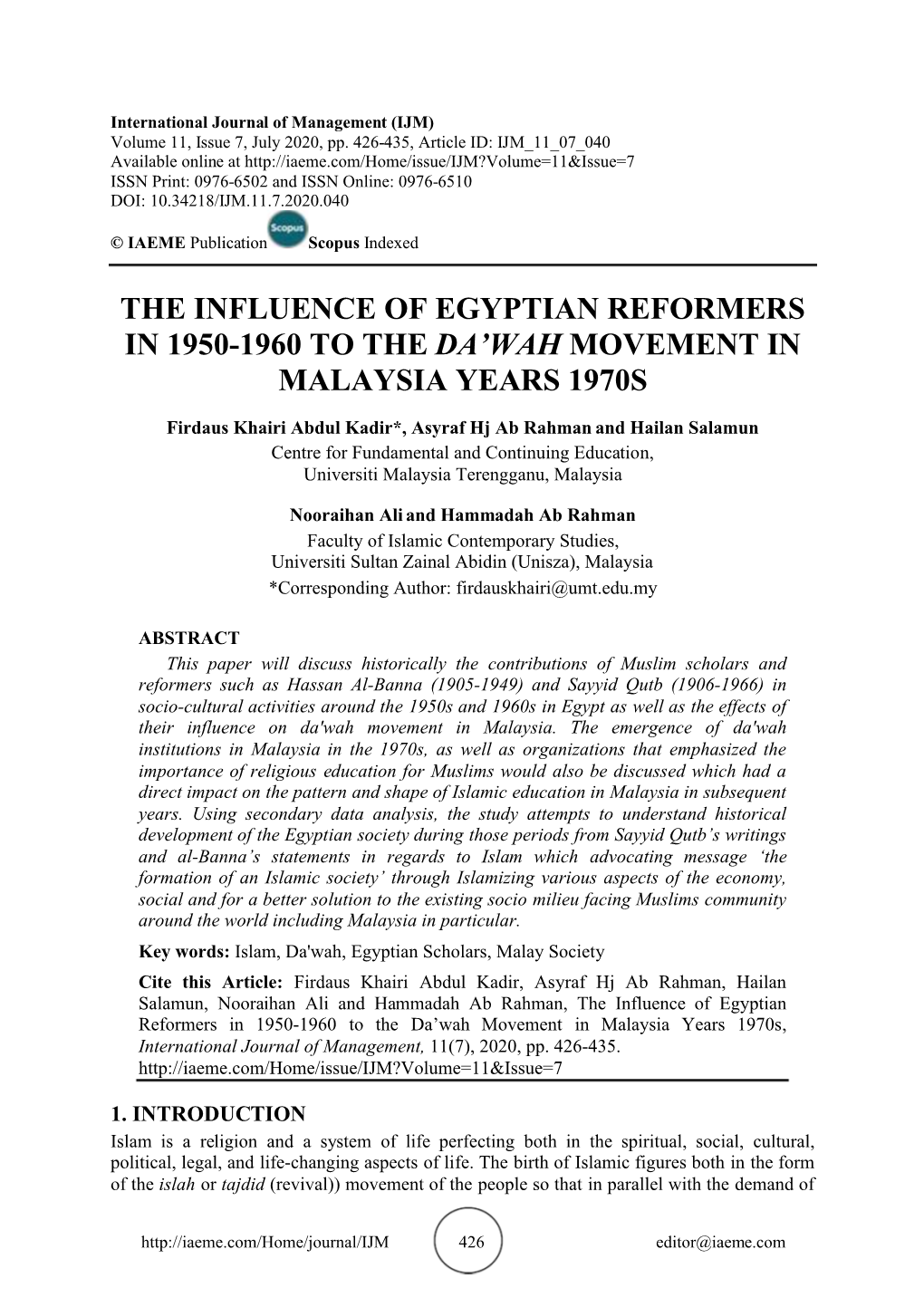 The Influence of Egyptian Reformers in 1950-1960 to the Movement in Da