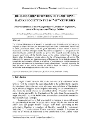 Religious Identification of Traditional Kazakh Society in the 16Th-19Th Centuries