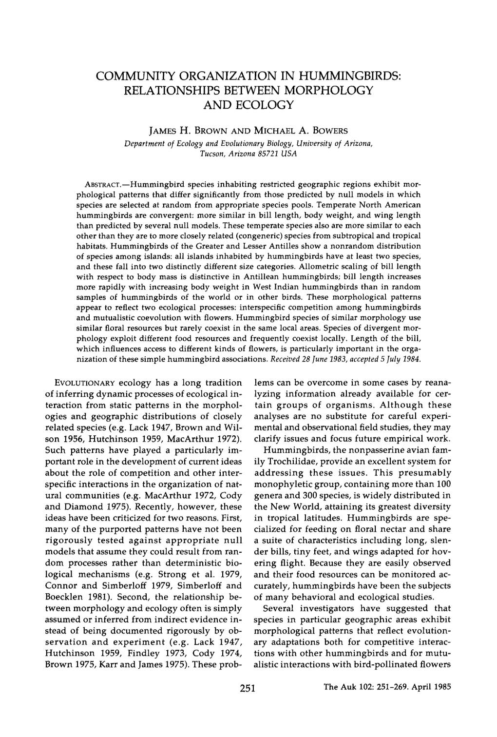 Community Organization in Hummingbirds: Relationships Between Morphology and Ecology