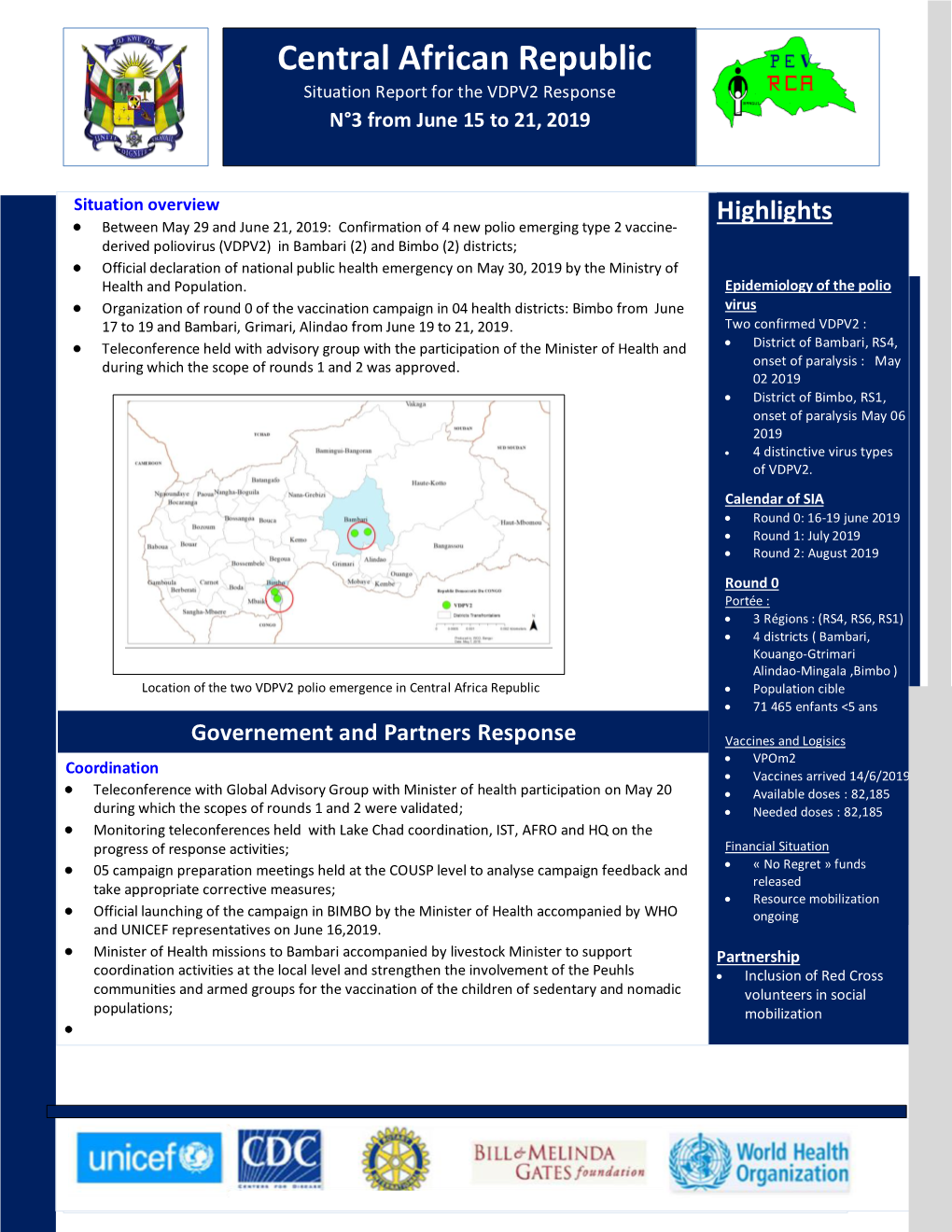 Central African Republic Situation Report for the VDPV2 Response N°3 from June 15 to 21, 2019