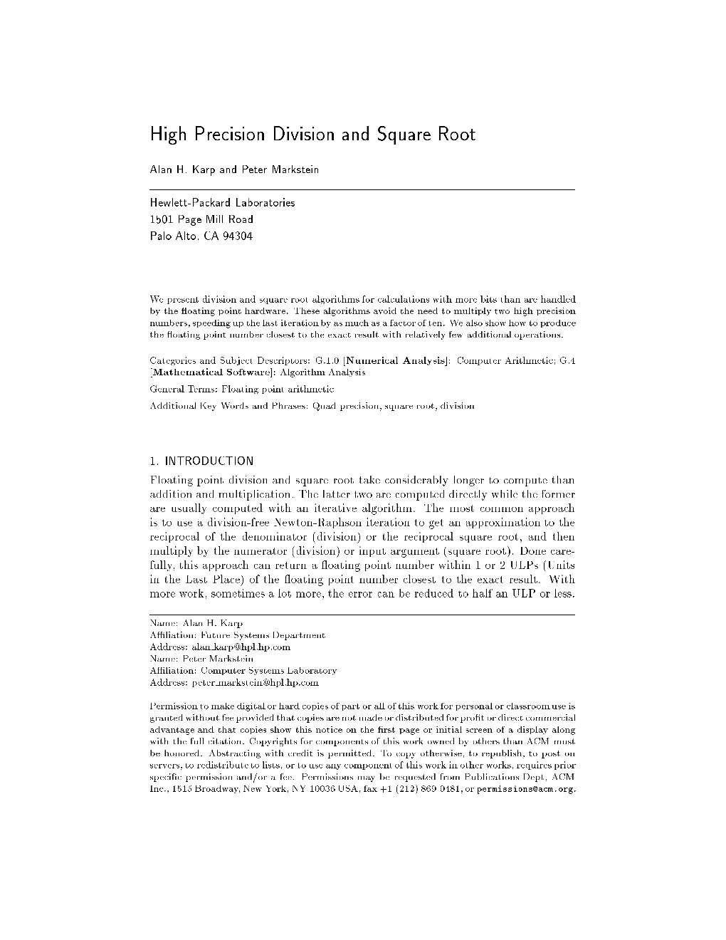 High Precision Division and Square Root