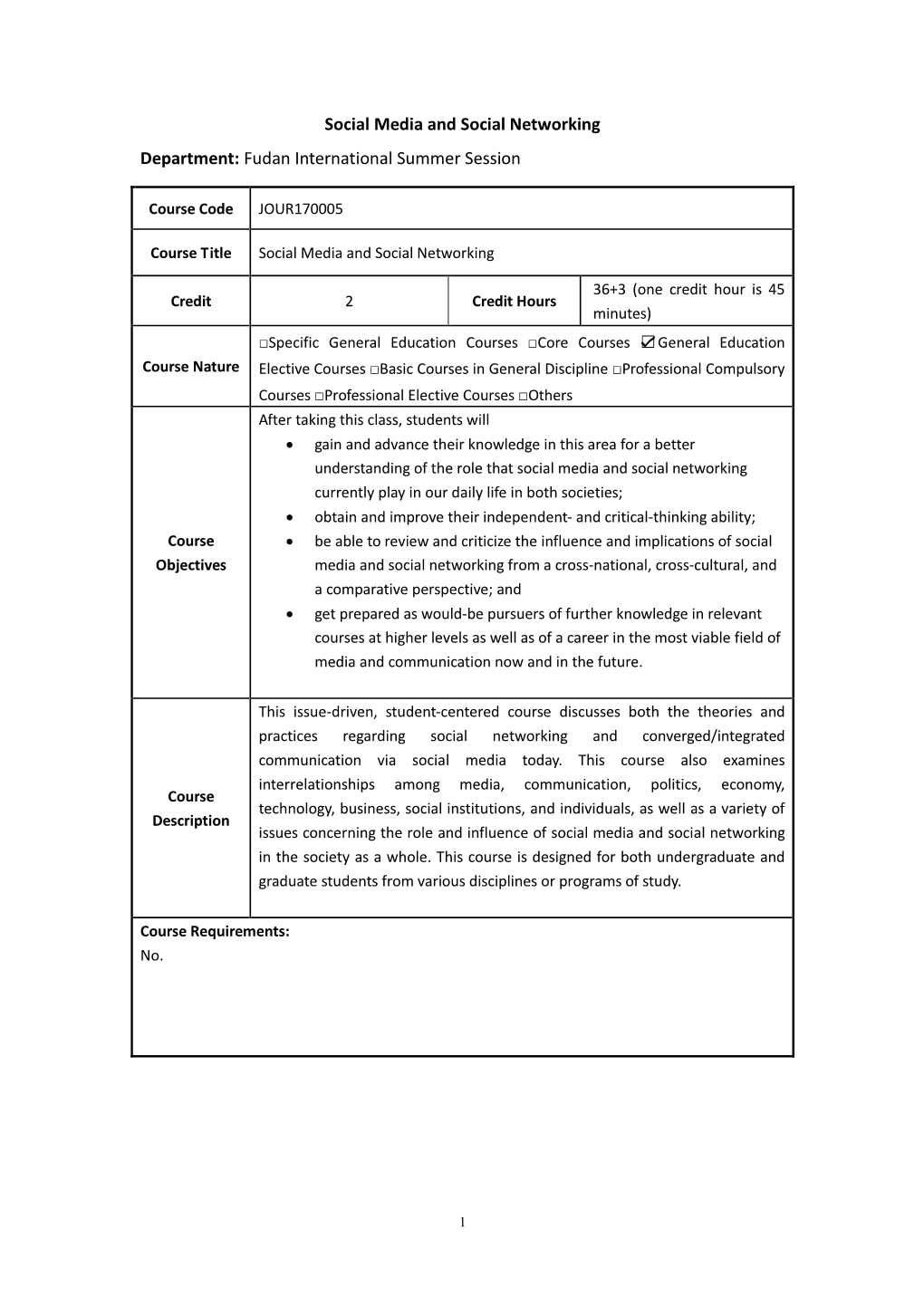 Social Media and Social Networking Department: Fudan International Summer Session