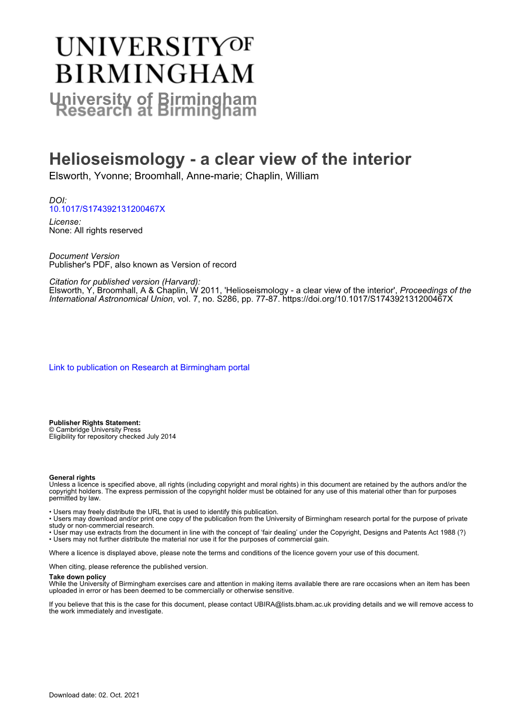 University of Birmingham Helioseismology