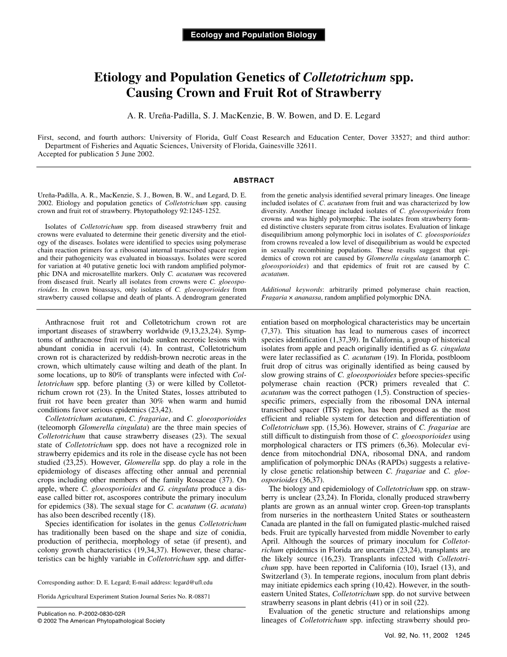 Etiology and Population Genetics of Colletotrichum Spp. Causing Crown and Fruit Rot of Strawberry