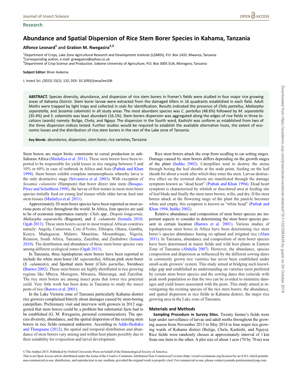 Abundance and Spatial Dispersion of Rice Stem Borer Species in Kahama, Tanzania Alfonce Leonard1 and Gration M