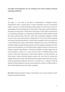 The Case of Hungary from Reform Socialism to Financial Nationalism (1968-2019)