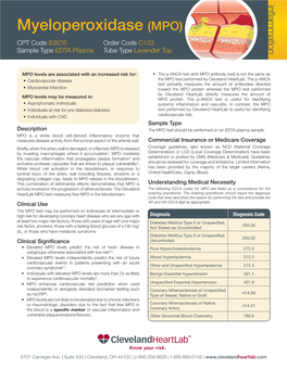 Myeloperoxidase (MPO) CPT Code 83876 Order Code C133 Sample Type EDTA Plasma Tube Type Lavender Top