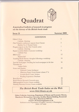 Q,Radrat a Pcriodical Bulletin of Research in Progress on the History of the British Book Trade
