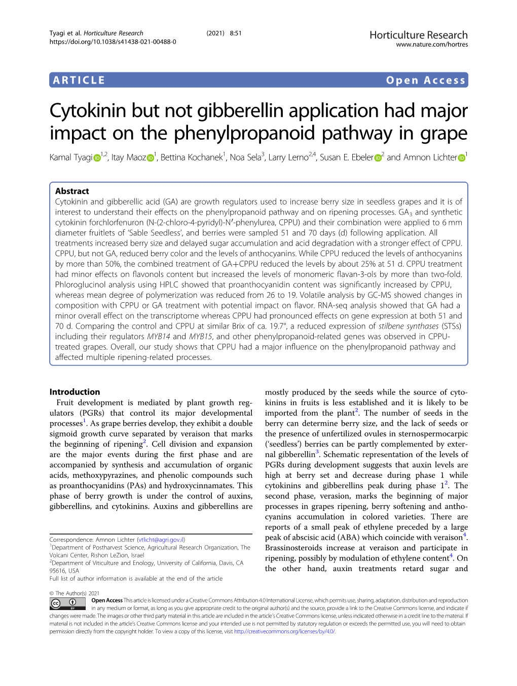 Cytokinin but Not Gibberellin Application Had Major Impact on the Phenylpropanoid Pathway in Grape