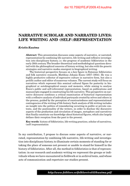 Narrative Scholar and Narrated Lives: Life Writing and (Self-)Representation