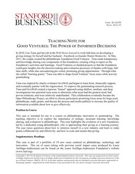 Teaching Note for Good Ventures: the Power of Informed Decisions