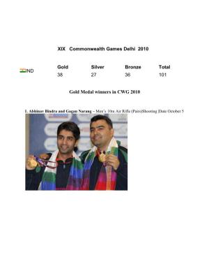 Gold Medal Winners in CWG 2010 XIX Commonwealth Games Delhi 2010