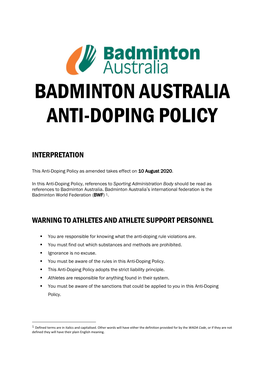 Badminton Australia Anti Doping Policy Adopted 2020