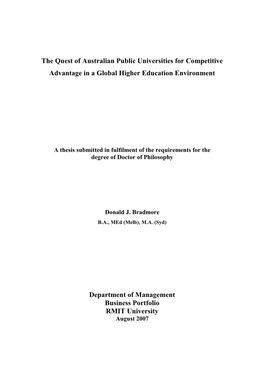 The Quest of Australian Public Universities for Competitive Advantage in a Global Higher Education Environment Department Of