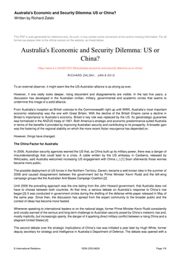 Australia's Economic and Security Dilemma: US Or China? Written by Richard Zalski