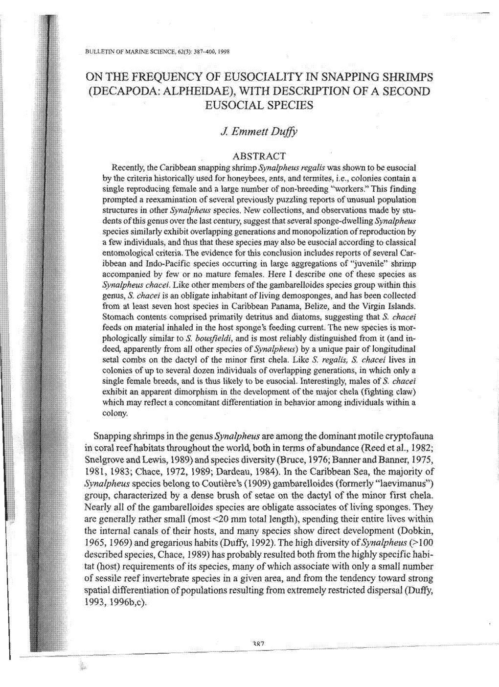 On the Frequency of Eusociality in Snapping Shrimps (Decapoda: Alpheidae), with Description of a Second Eusocial Species