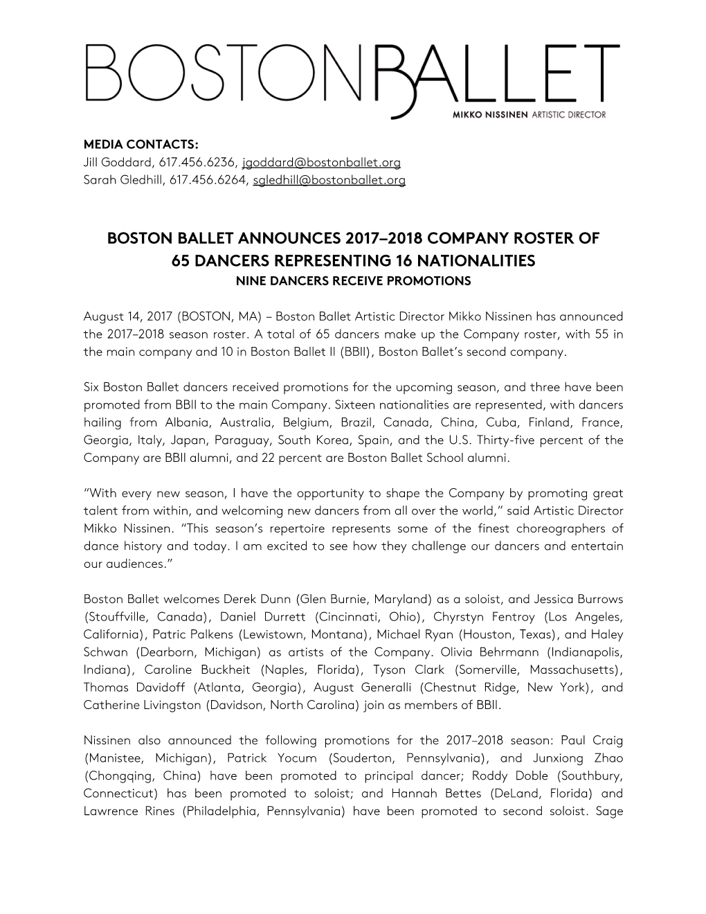 Boston Ballet Announces 2017–2018 Company Roster of 65 Dancers Representing 16 Nationalities Nine Dancers Receive Promotions