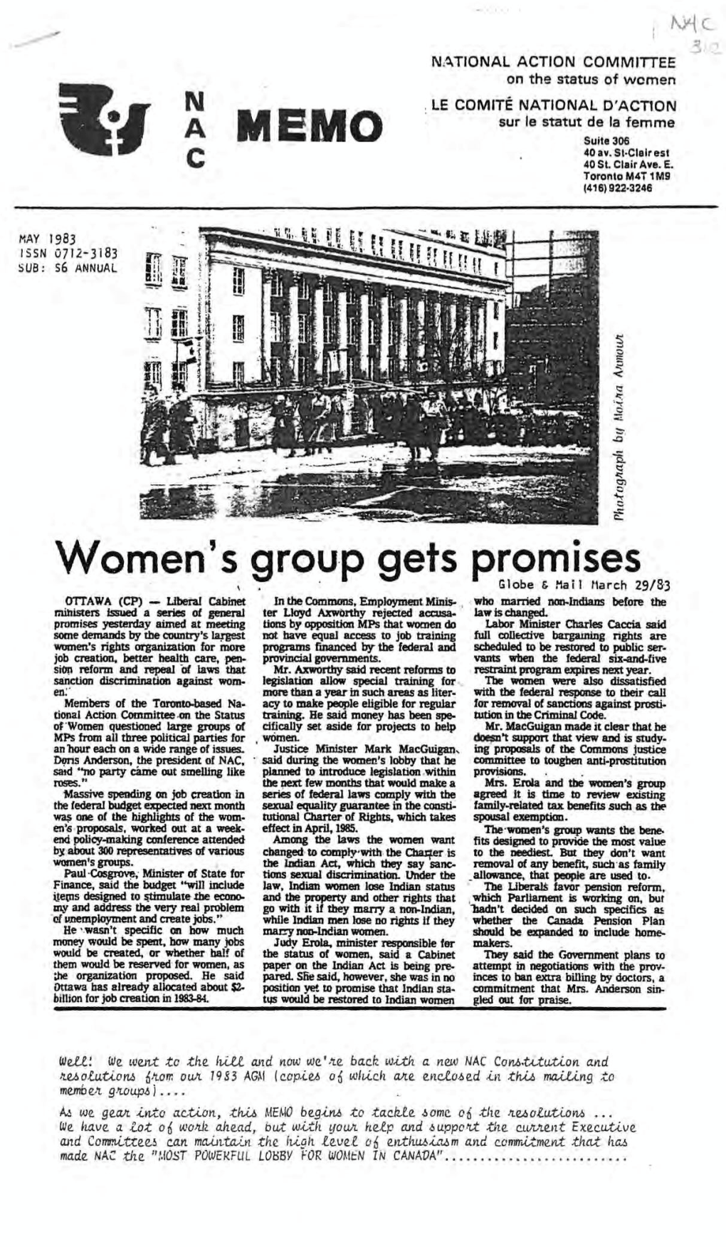 Women's Group Gets Promises . Globe & Mail March 29/83