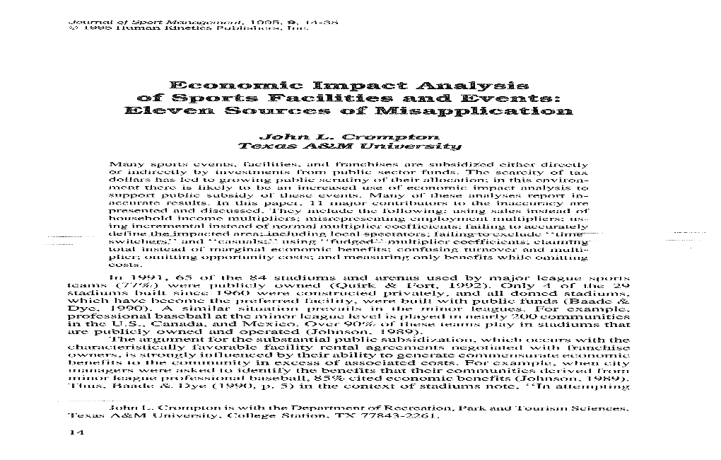 Economic Impact Analysis of Sports Facilities and Events: Eleven Sources of Misapplication