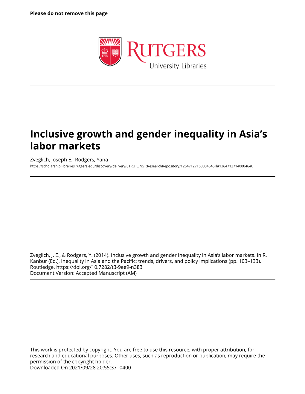 Inclusive Growth and Gender Inequality in Asia's Labor Markets