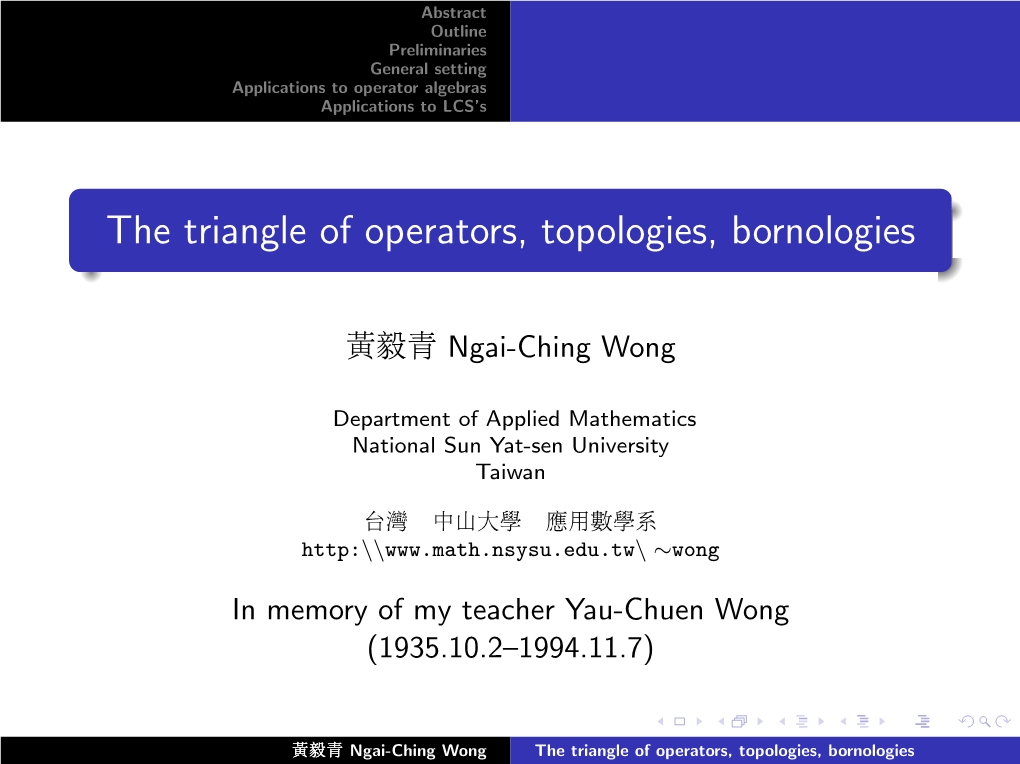 The Triangle of Operators, Topologies, Bornologies