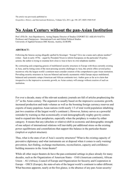 No Asian Century Without the Pan-Asian Institution