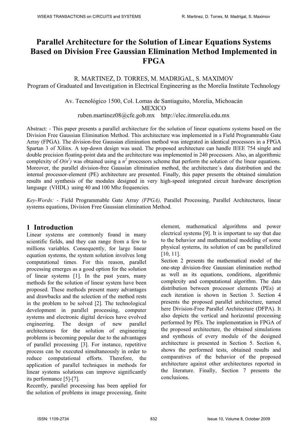 Parallel Architecture for the Solution of Linear Equations Systems Based on Division Free Gaussian Elimination Method Implemented in FPGA