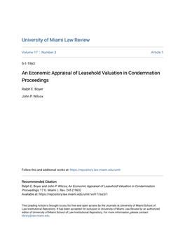 An Economic Appraisal of Leasehold Valuation in Condemnation Proceedings