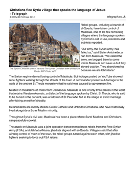 Christians Flee Syria Village That Speaks the Language of Jesus - Telegraph 8:50PM BST 08 Sep 2013 Telegraph.Co.Uk